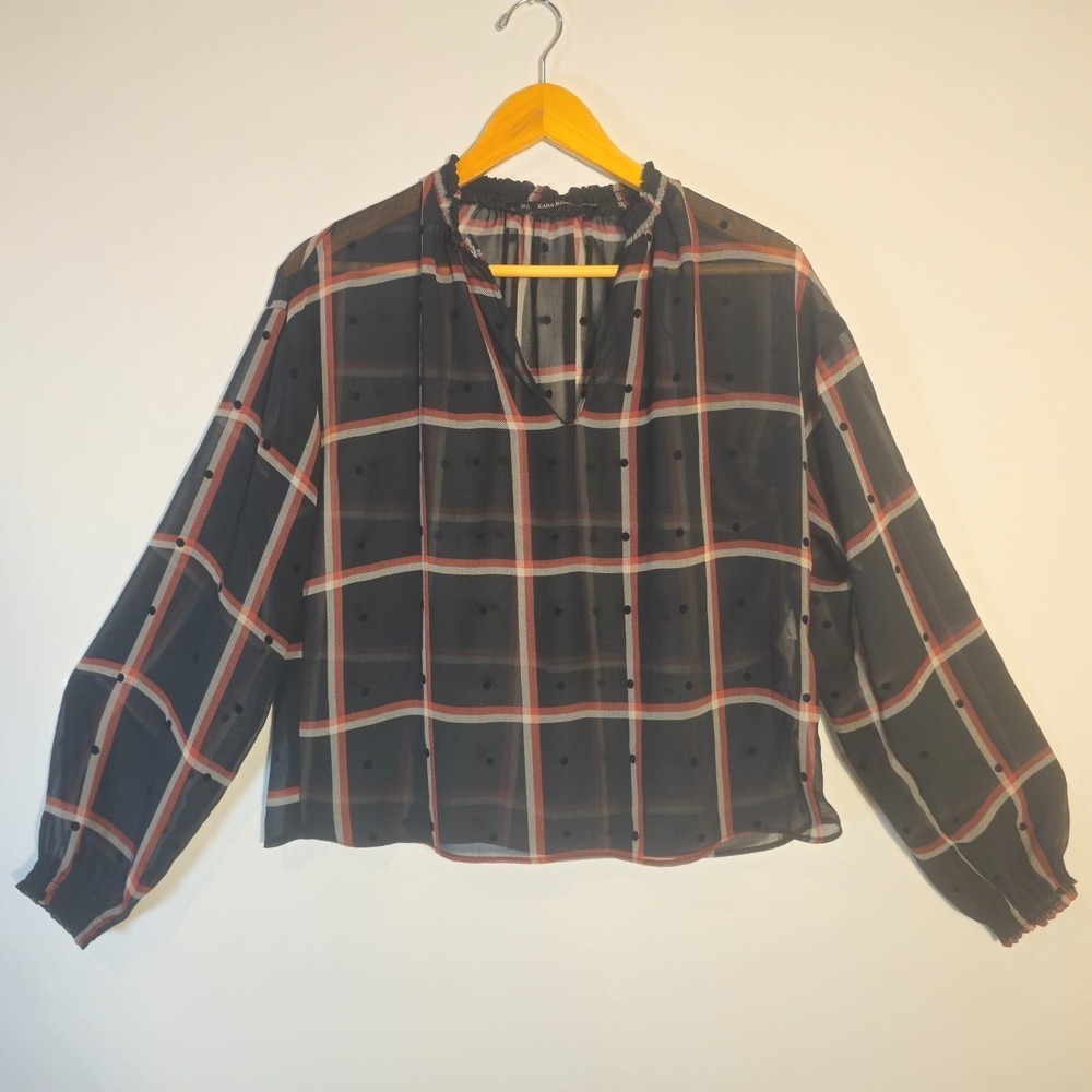 Zara Sheer Blouse Top Womens Medium Black Plaid Puff Sleeve Split Neck Ruffle